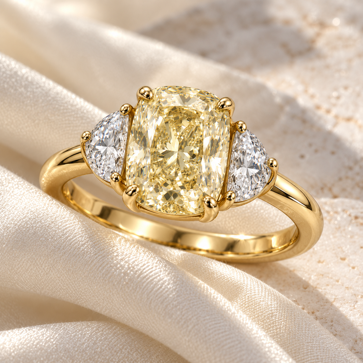 MISSISSI Yellow Cushion Half-Moon Lab-Grown Diamond Ring in yellow gold, editorial silk and stone still life; design visualization