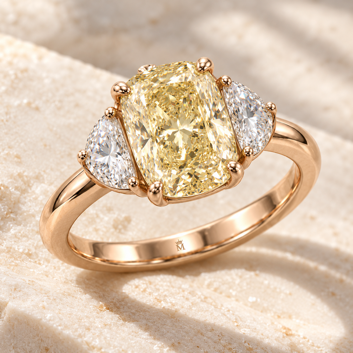 MISSISSI Yellow Cushion Half-Moon Lab-Grown Diamond Ring in rose gold, elevated angled view; design visualization