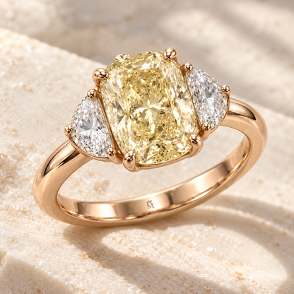 MISSISSI Yellow Cushion Half-Moon Lab-Grown Diamond Ring in rose gold, elevated angled view; design visualization
