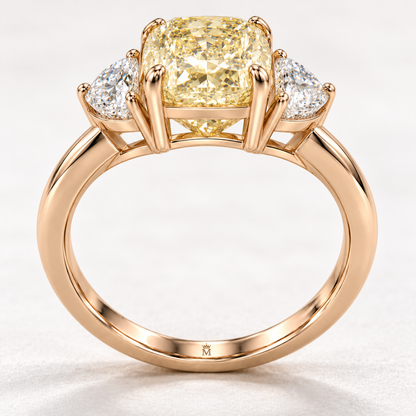 MISSISSI Yellow Cushion Half-Moon Lab-Grown Diamond Ring in rose gold, upright angled gallery and inner engraving view; design visualization