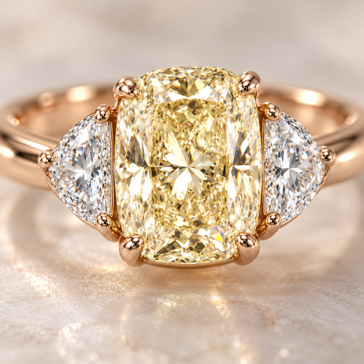 MISSISSI Yellow Cushion Half-Moon Lab-Grown Diamond Ring in rose gold, close diamond and setting detail; design visualization
