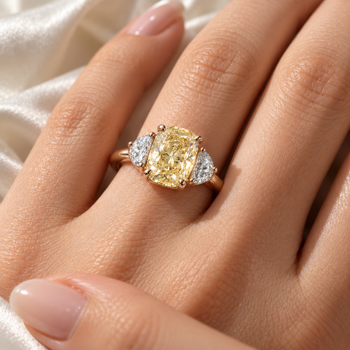 MISSISSI Yellow Cushion Half-Moon Lab-Grown Diamond Ring in rose gold, illustrative on-hand view; design visualization