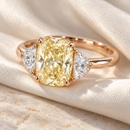 MISSISSI Yellow Cushion Half-Moon Lab-Grown Diamond Ring in rose gold, editorial silk and stone still life; design visualization