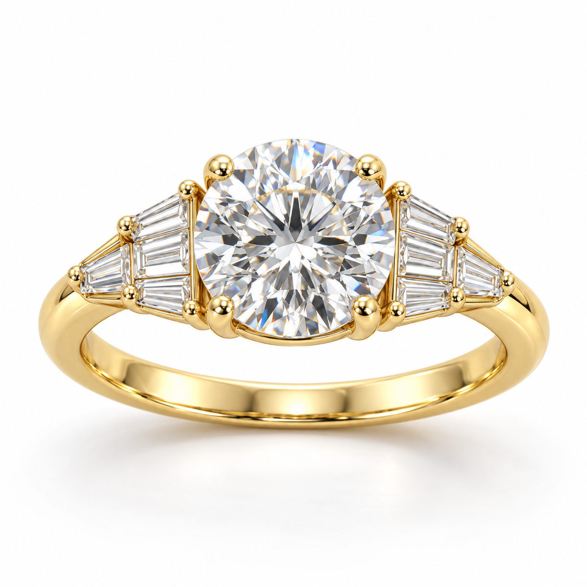 MISSISSI Round Baguette-Fan Lab-Grown Diamond Ring in yellow gold, front product view on white; design visualization