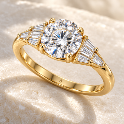 MISSISSI Round Baguette-Fan Lab-Grown Diamond Ring in yellow gold, elevated angled view; design visualization