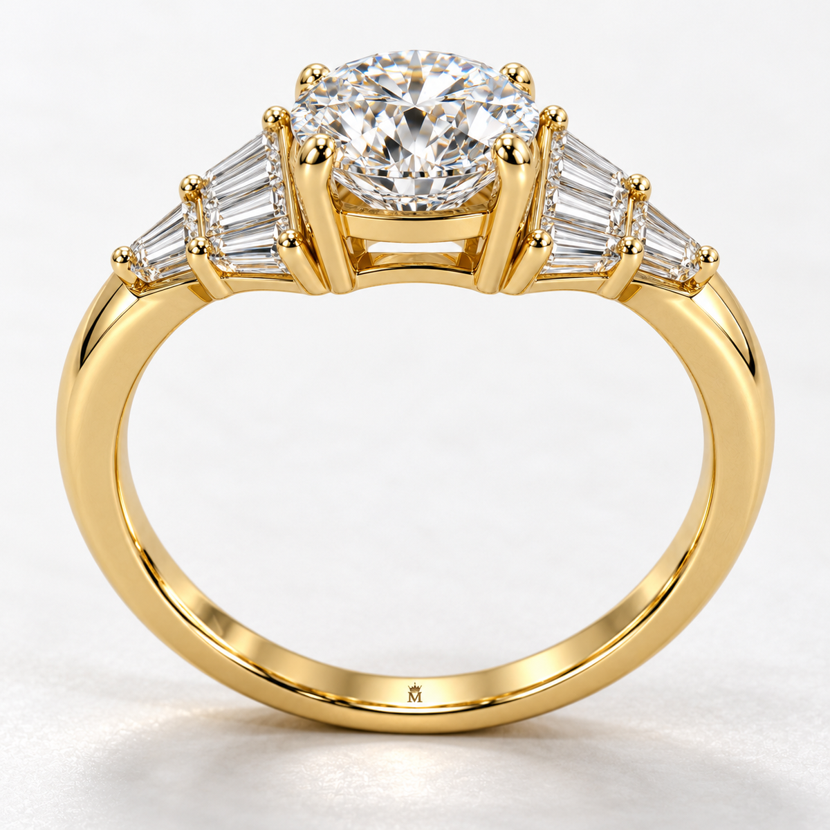 MISSISSI Round Baguette-Fan Lab-Grown Diamond Ring in yellow gold, upright angled gallery and inner engraving view; design visualization