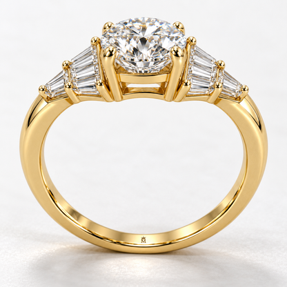 MISSISSI Round Baguette-Fan Lab-Grown Diamond Ring in yellow gold, upright angled gallery and inner engraving view; design visualization