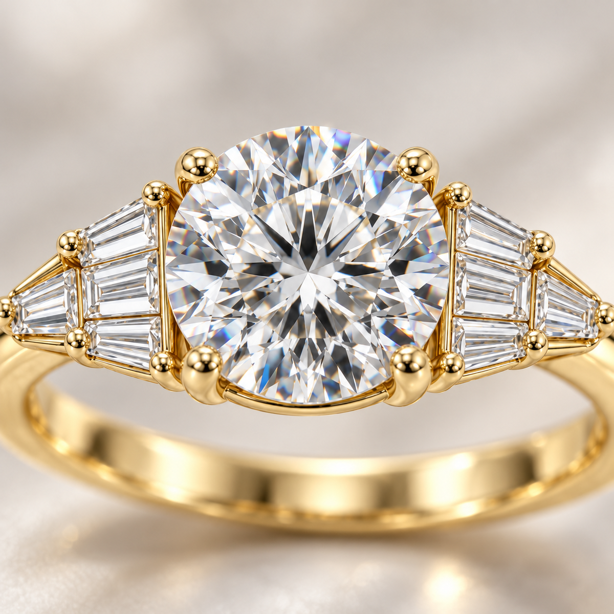MISSISSI Round Baguette-Fan Lab-Grown Diamond Ring in yellow gold, close diamond and setting detail; design visualization