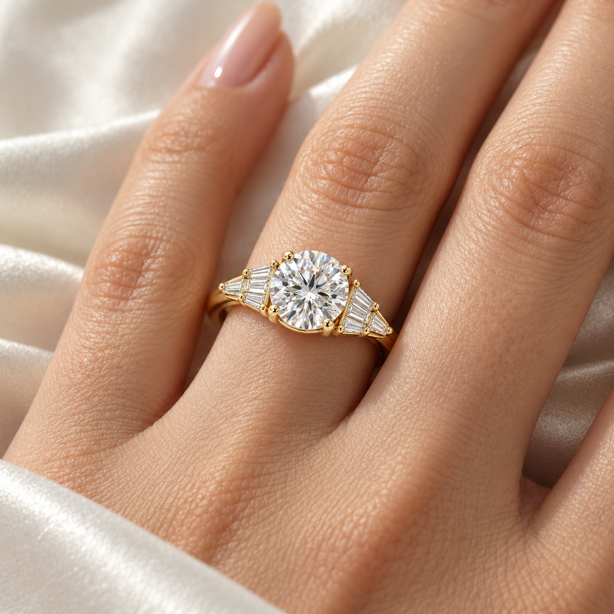 MISSISSI Round Baguette-Fan Lab-Grown Diamond Ring in yellow gold, illustrative on-hand view; design visualization