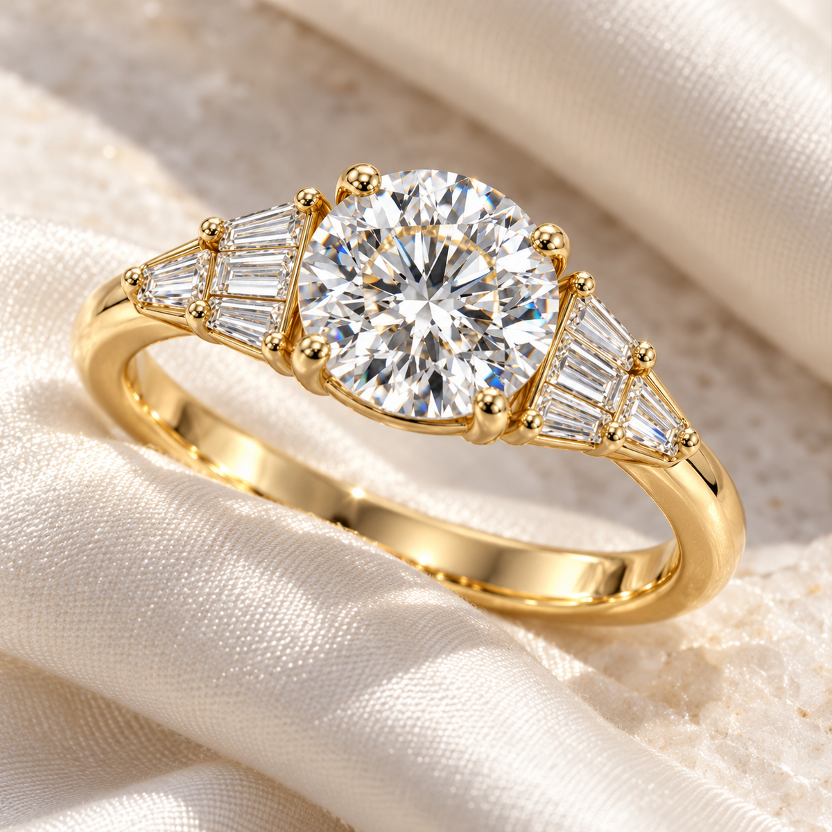 MISSISSI Round Baguette-Fan Lab-Grown Diamond Ring in yellow gold, editorial silk and stone still life; design visualization