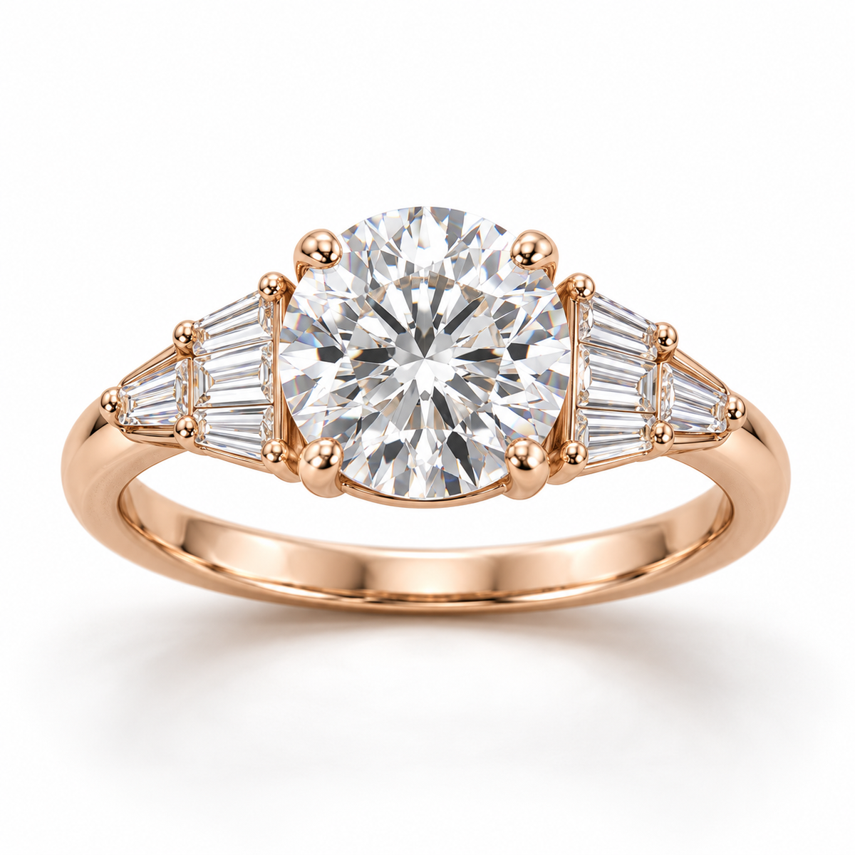 MISSISSI Round Baguette-Fan Lab-Grown Diamond Ring in rose gold, front product view on white; design visualization