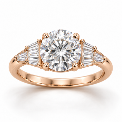 MISSISSI Round Baguette-Fan Lab-Grown Diamond Ring in rose gold, front product view on white; design visualization