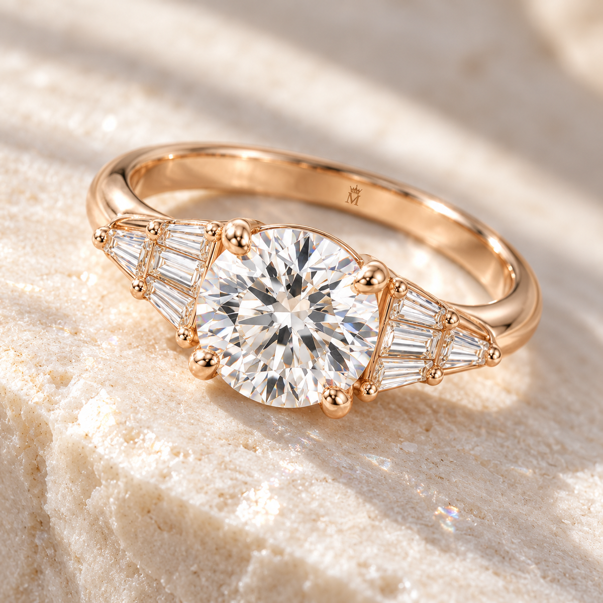 MISSISSI Round Baguette-Fan Lab-Grown Diamond Ring in rose gold, elevated angled view; design visualization