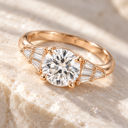 MISSISSI Round Baguette-Fan Lab-Grown Diamond Ring in rose gold, elevated angled view; design visualization