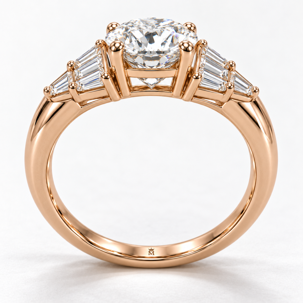 MISSISSI Round Baguette-Fan Lab-Grown Diamond Ring in rose gold, upright angled gallery and inner engraving view; design visualization