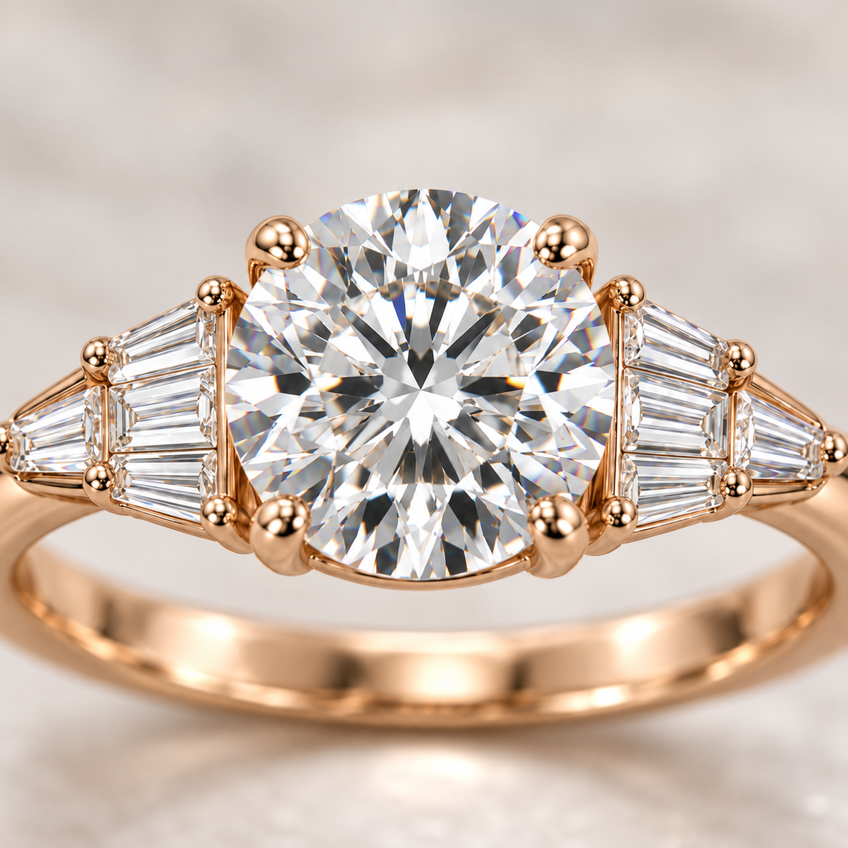 MISSISSI Round Baguette-Fan Lab-Grown Diamond Ring in rose gold, close diamond and setting detail; design visualization