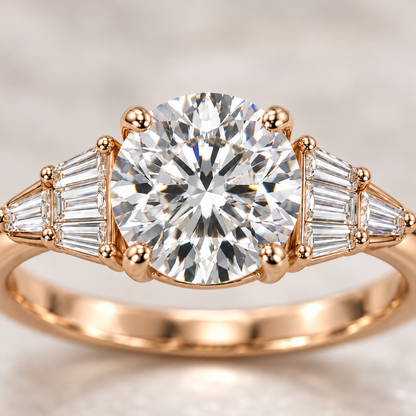 MISSISSI Round Baguette-Fan Lab-Grown Diamond Ring in rose gold, close diamond and setting detail; design visualization
