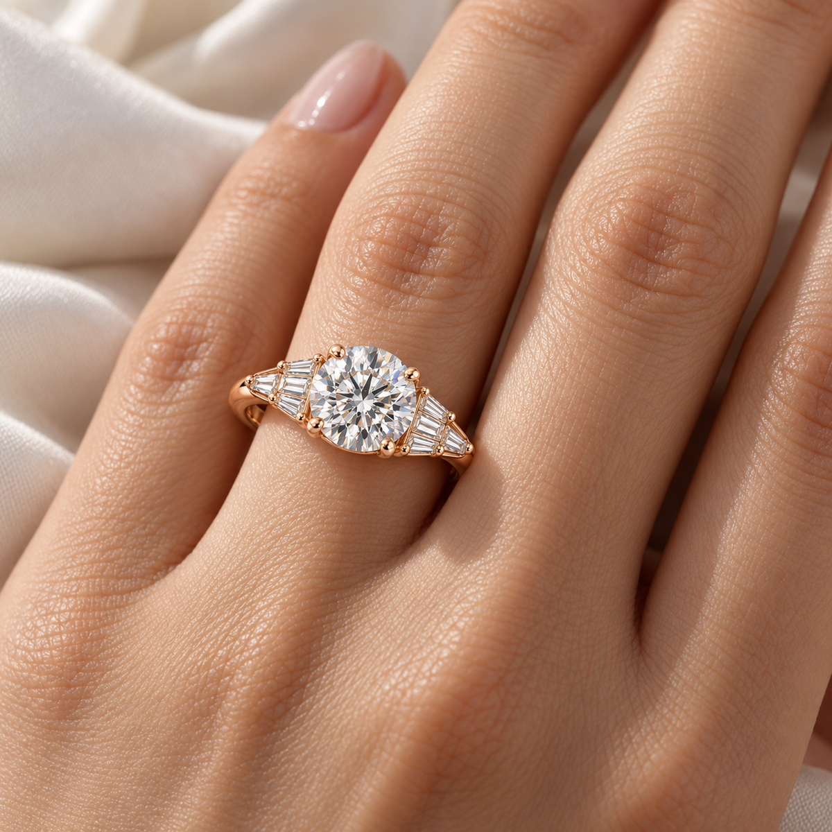 MISSISSI Round Baguette-Fan Lab-Grown Diamond Ring in rose gold, illustrative on-hand view; design visualization
