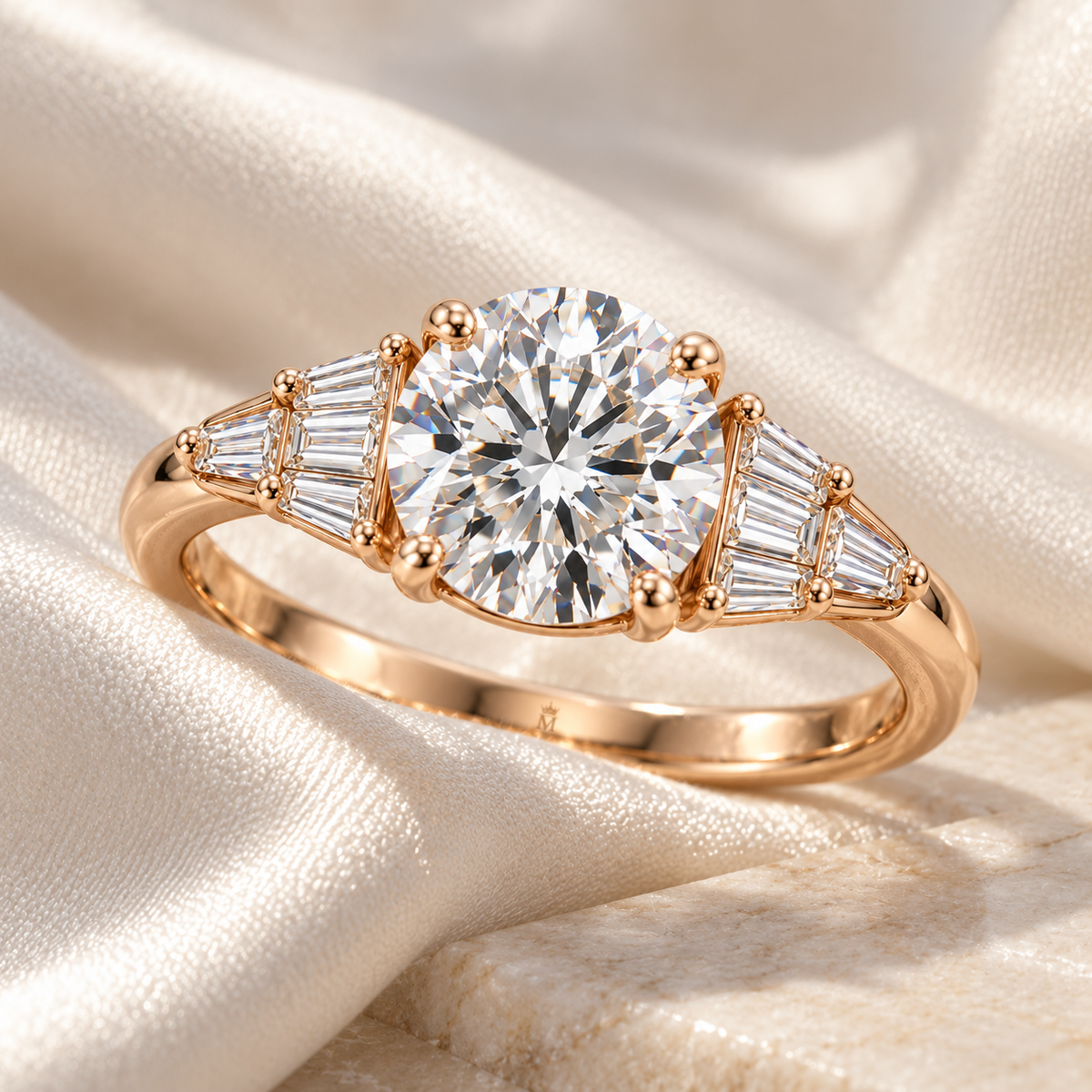 MISSISSI Round Baguette-Fan Lab-Grown Diamond Ring in rose gold, editorial silk and stone still life; design visualization