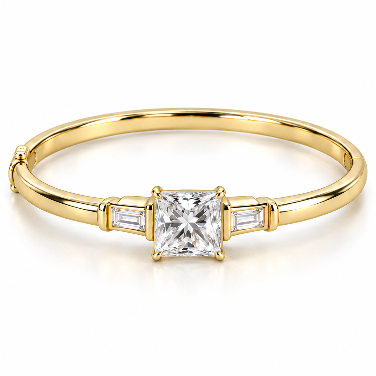 MISSISSI V09 princess-cut lab-grown diamond bangle in yellow gold, white-background front product view; design visualization