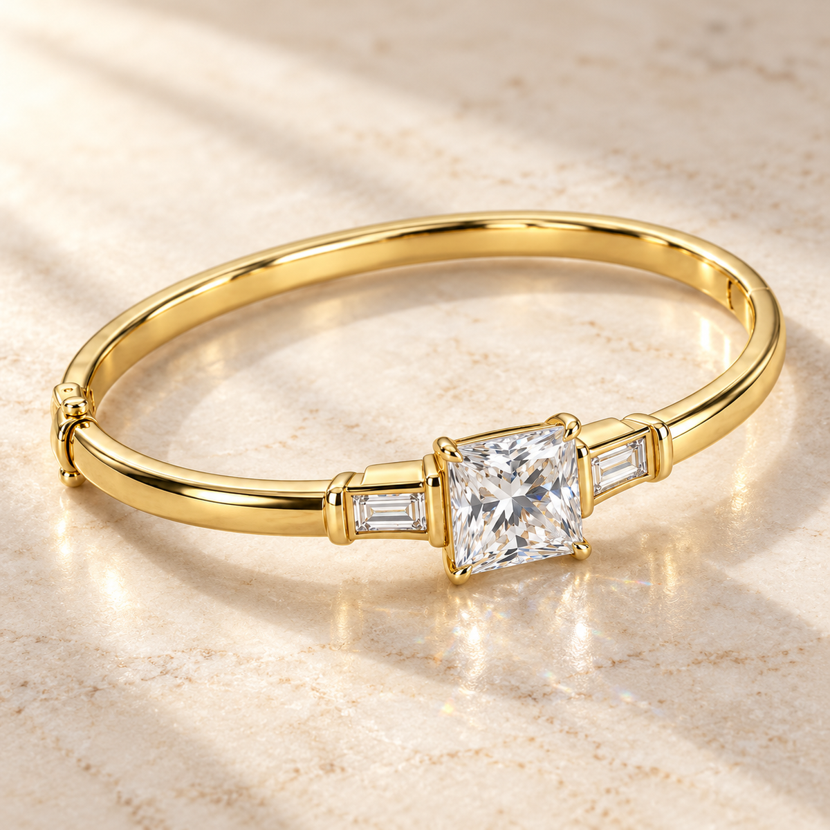 MISSISSI V09 princess-cut lab-grown diamond bangle in yellow gold, elevated diagonal view on pale stone; design visualization