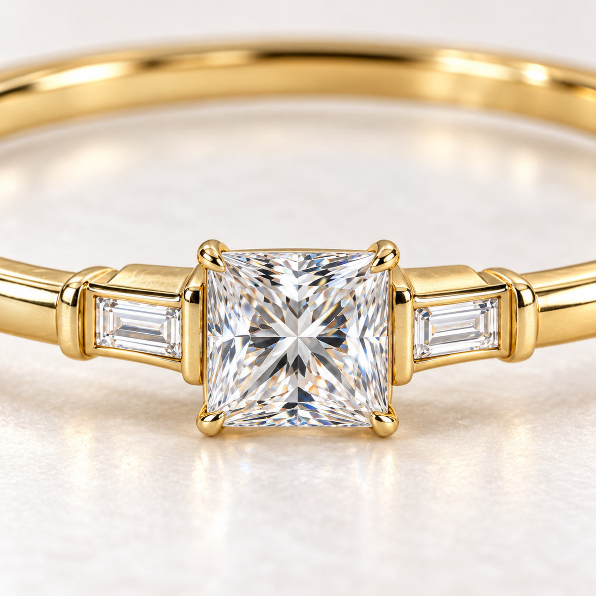 MISSISSI V09 princess-cut lab-grown diamond bangle in yellow gold, macro view of square center and baguette accents; design visualization