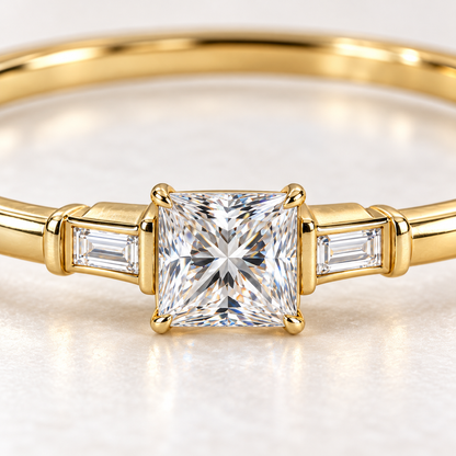 MISSISSI V09 princess-cut lab-grown diamond bangle in yellow gold, macro view of square center and baguette accents; design visualization