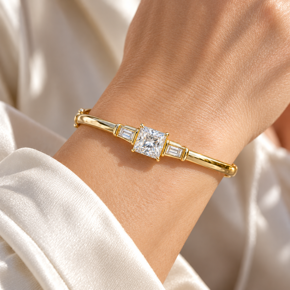 MISSISSI V09 princess-cut lab-grown diamond bangle in yellow gold, illustrative on-wrist view; design visualization