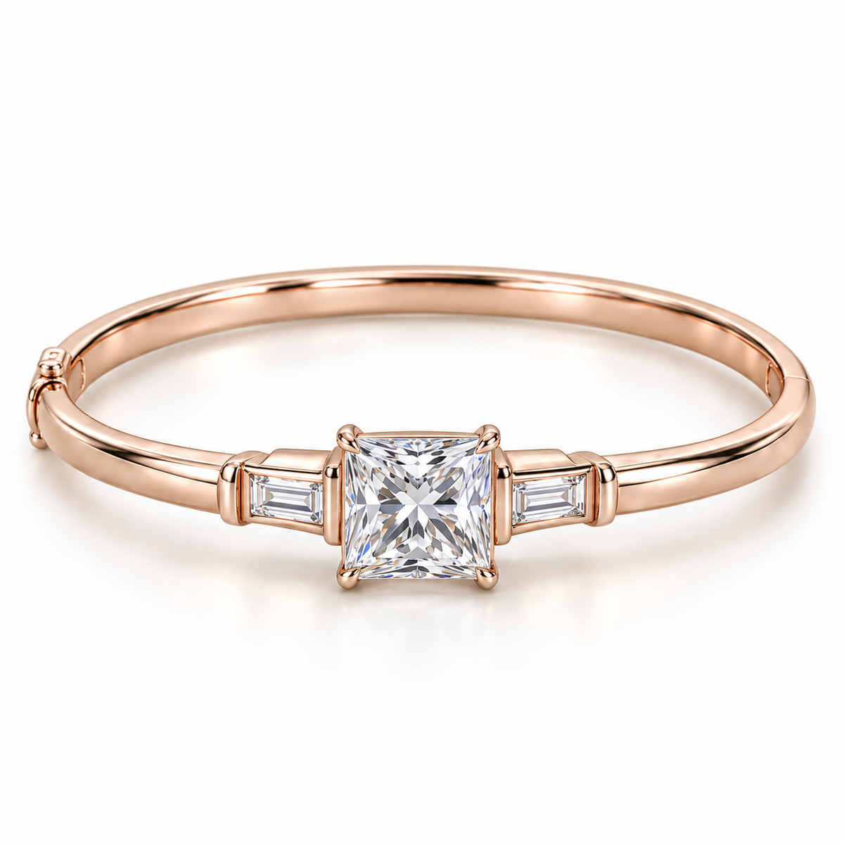 MISSISSI V09 princess-cut lab-grown diamond bangle in rose gold, white-background front product view; design visualization
