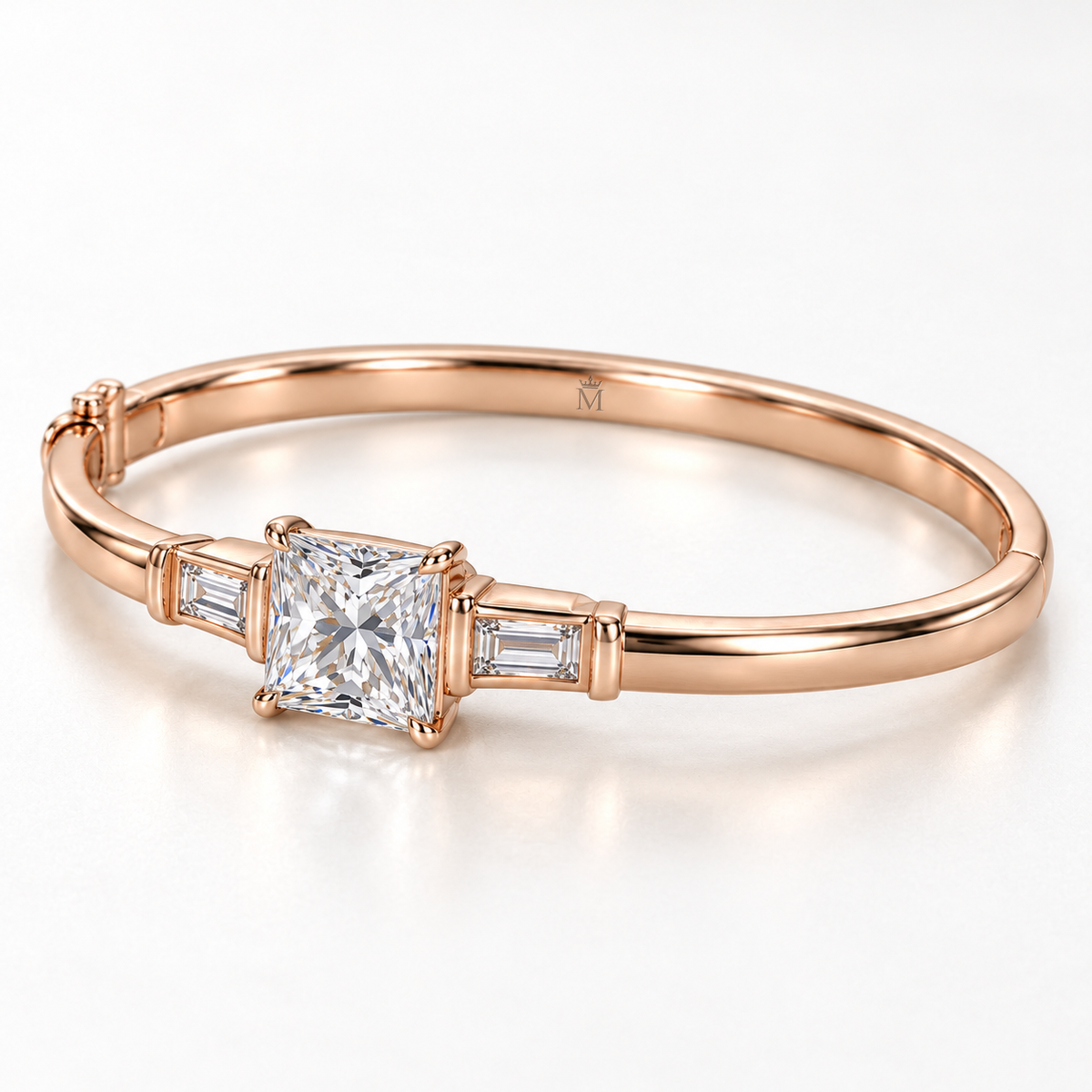 MISSISSI V09 princess-cut lab-grown diamond bangle in rose gold, opposite angled view showing inner bangle surface; design visualization
