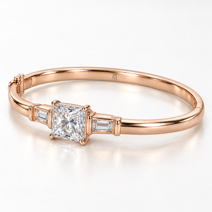 MISSISSI V09 princess-cut lab-grown diamond bangle in rose gold, opposite angled view showing inner bangle surface; design visualization