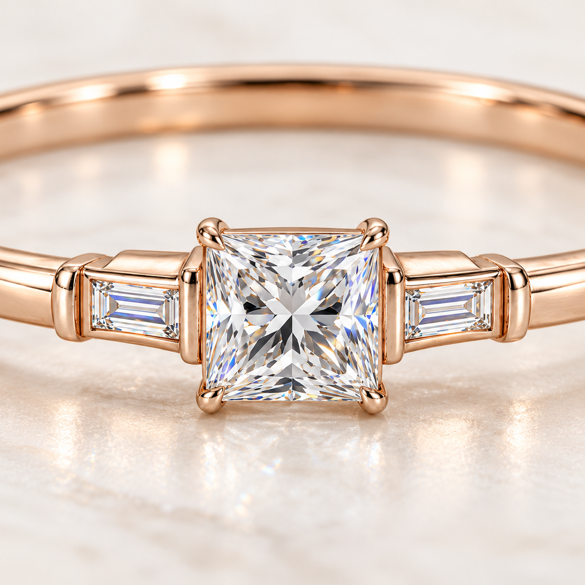 MISSISSI V09 princess-cut lab-grown diamond bangle in rose gold, macro view of square center and baguette accents; design visualization