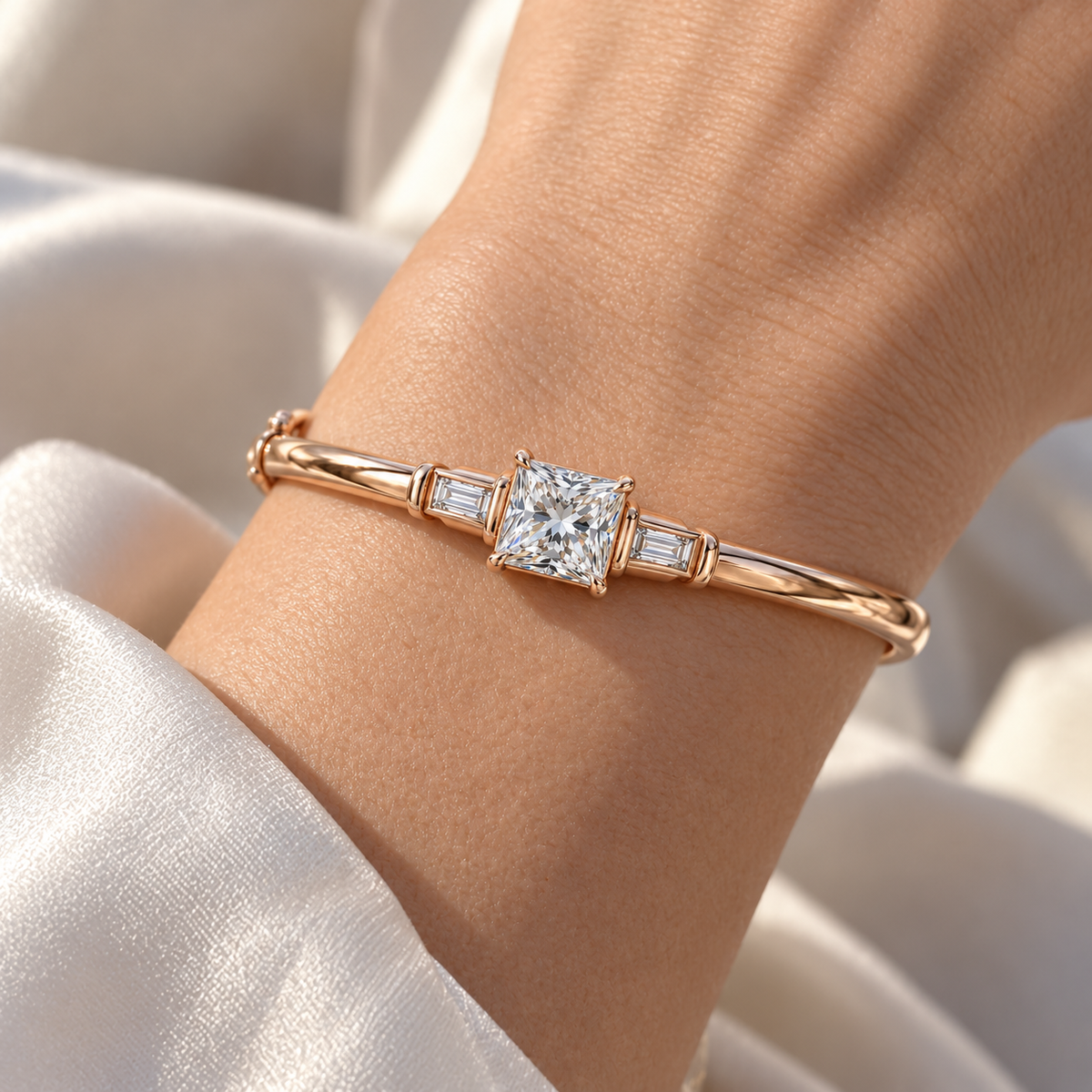 MISSISSI V09 princess-cut lab-grown diamond bangle in rose gold, illustrative on-wrist view; design visualization