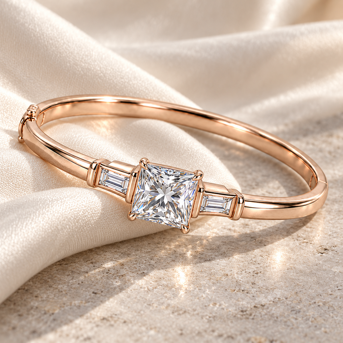 MISSISSI V09 princess-cut lab-grown diamond bangle in rose gold, editorial still life on silk and stone; design visualization