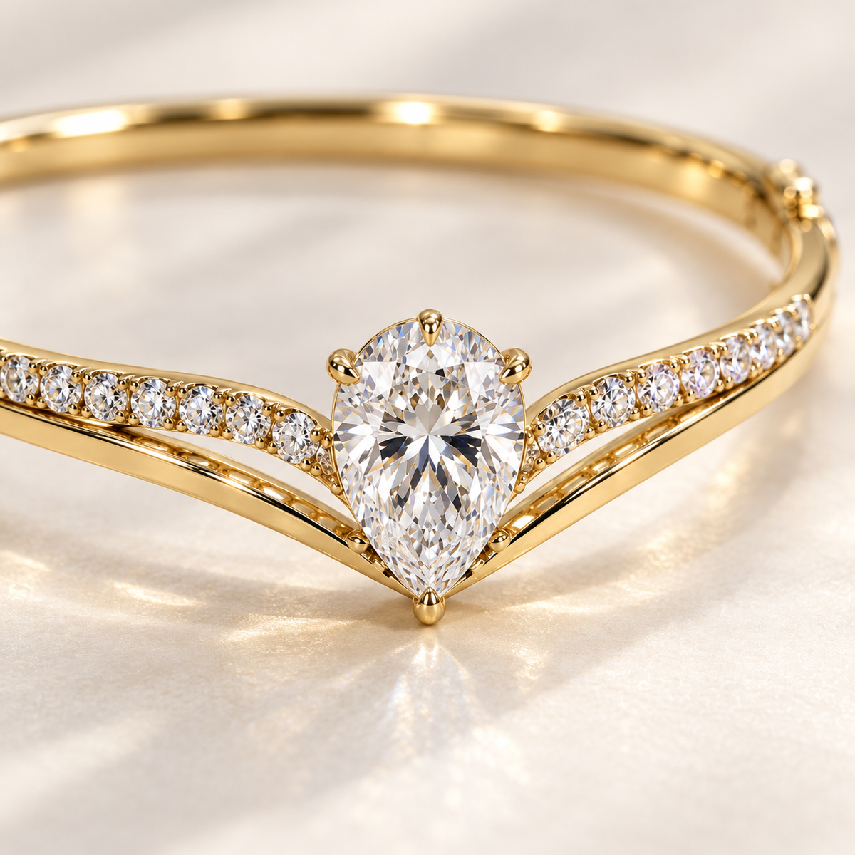 MISSISSI Pear V-Contour Lab-Grown Diamond Bangle in yellow gold, diamond macro detail; design visualization