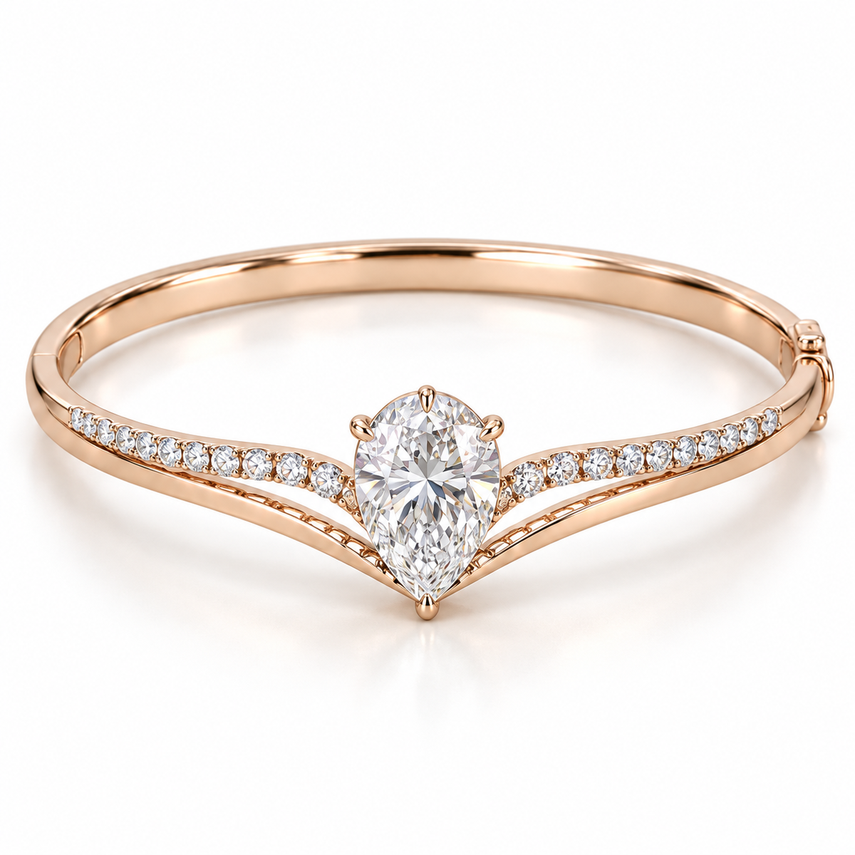 MISSISSI Pear V-Contour Lab-Grown Diamond Bangle in rose gold, front product view on white; design visualization