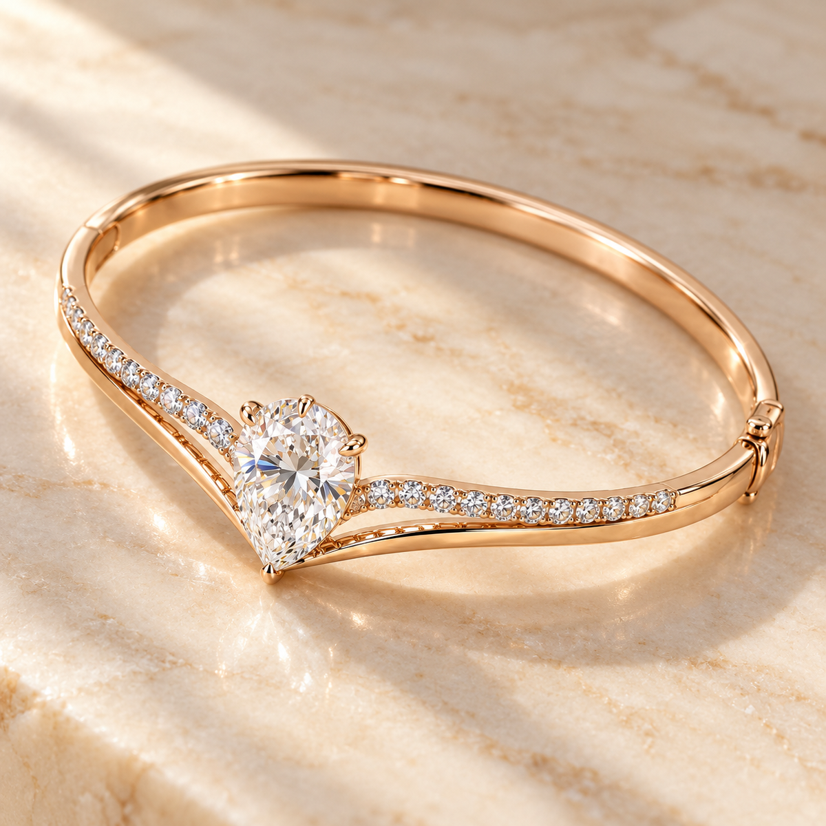 MISSISSI Pear V-Contour Lab-Grown Diamond Bangle in rose gold, elevated angled view; design visualization