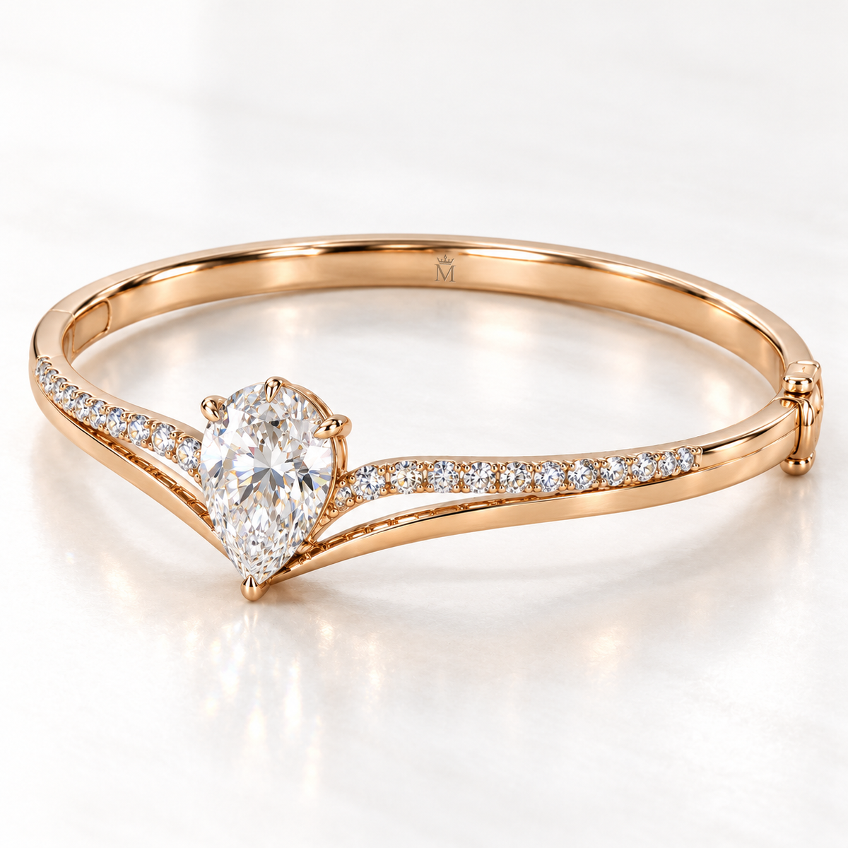 MISSISSI Pear V-Contour Lab-Grown Diamond Bangle in rose gold, opposite inner-angle view; design visualization