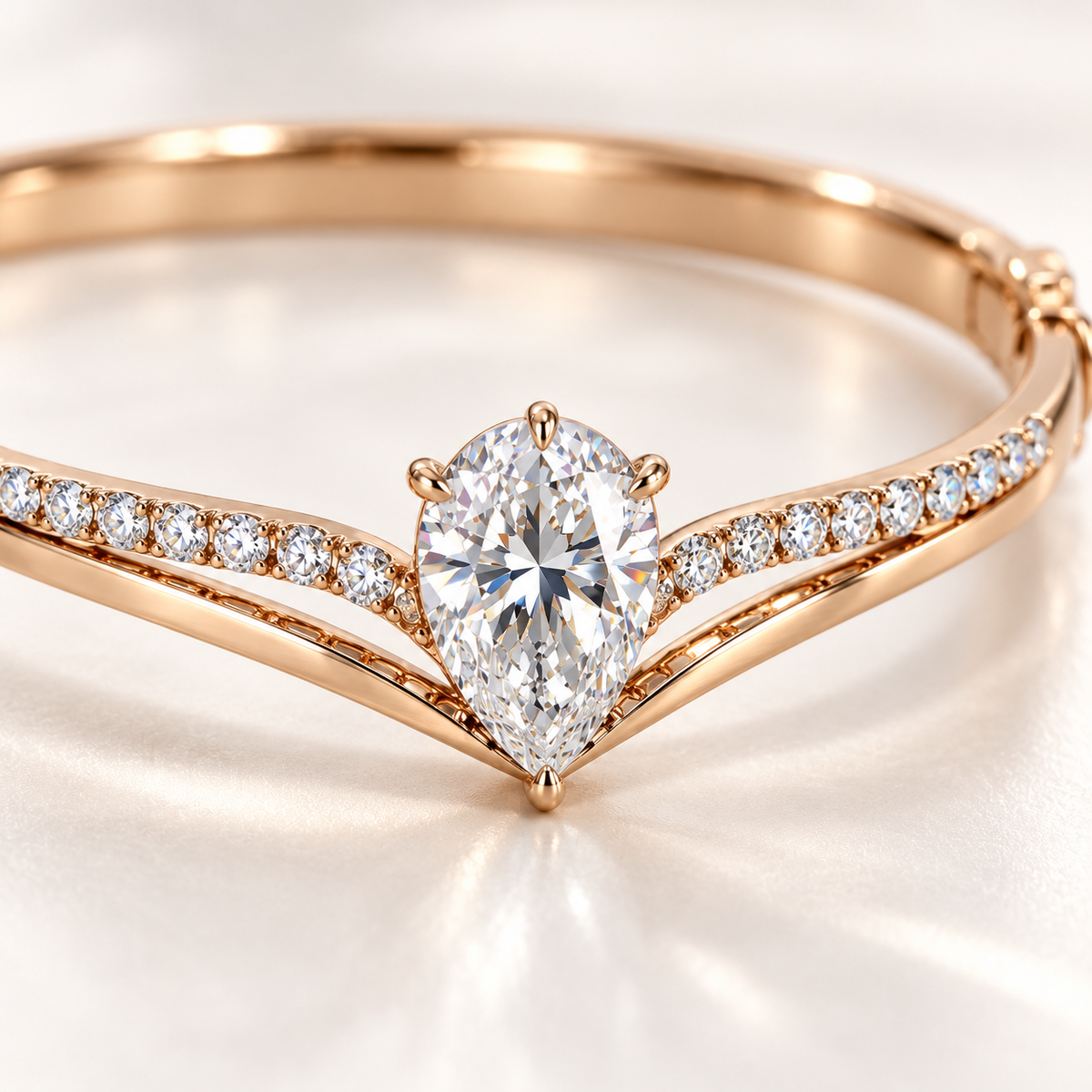 MISSISSI Pear V-Contour Lab-Grown Diamond Bangle in rose gold, diamond macro detail; design visualization