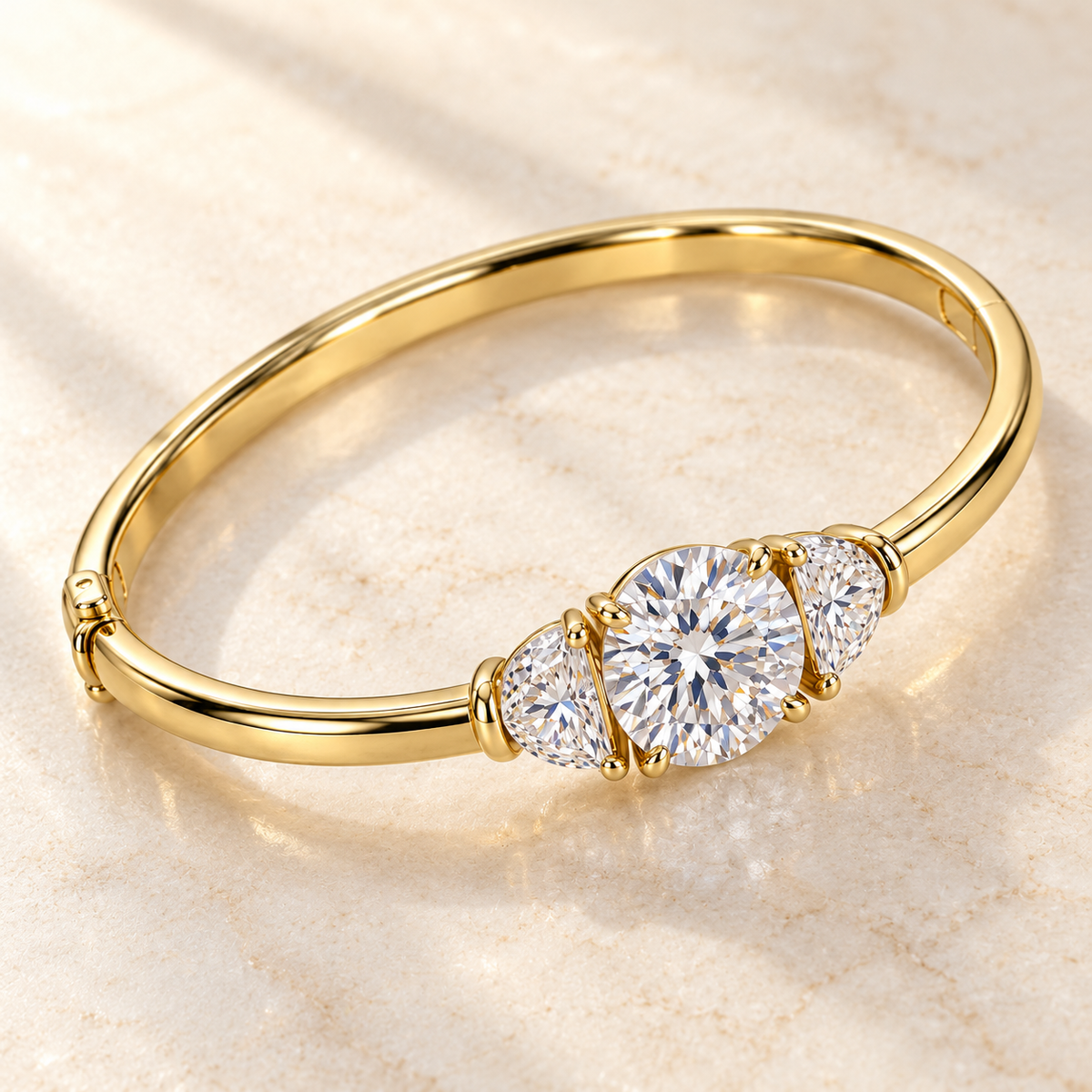 MISSISSI Round Half-Moon Lab-Grown Diamond Bangle in yellow gold, elevated angled view; design visualization