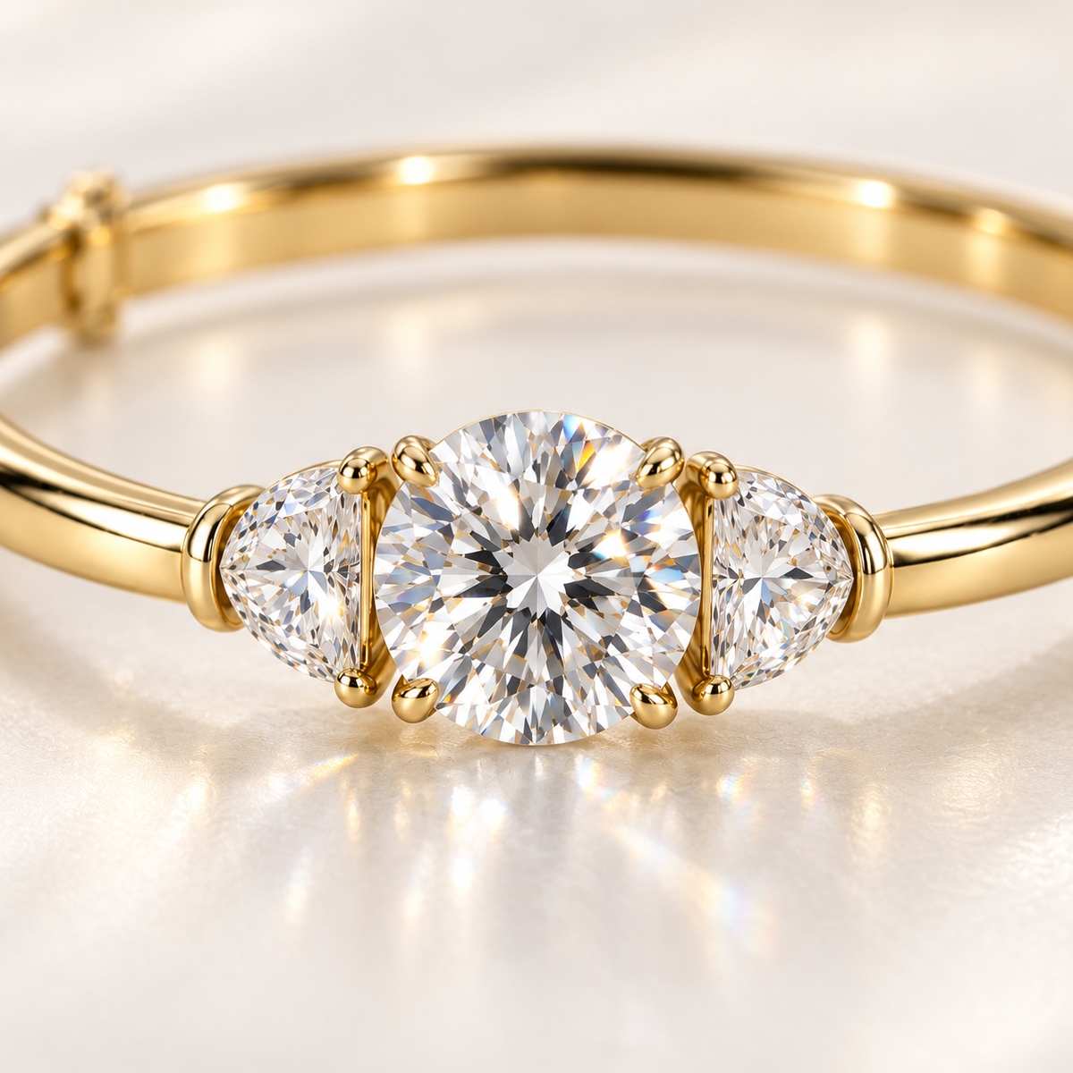 MISSISSI Round Half-Moon Lab-Grown Diamond Bangle in yellow gold, diamond macro detail; design visualization
