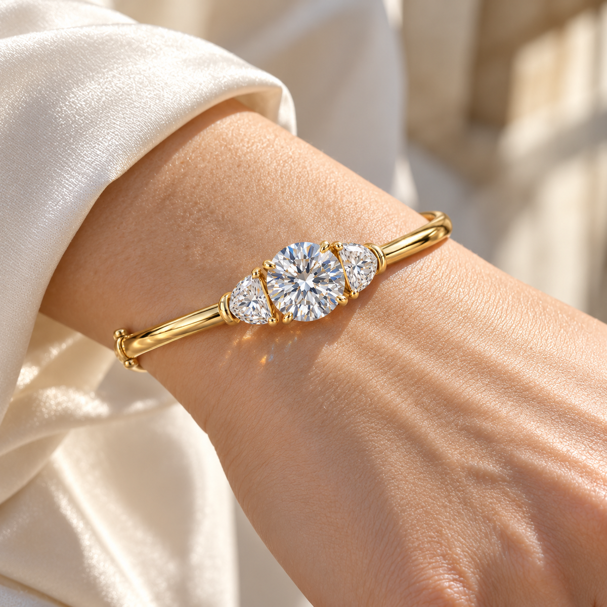 MISSISSI Round Half-Moon Lab-Grown Diamond Bangle in yellow gold, illustrative on-wrist view; design visualization
