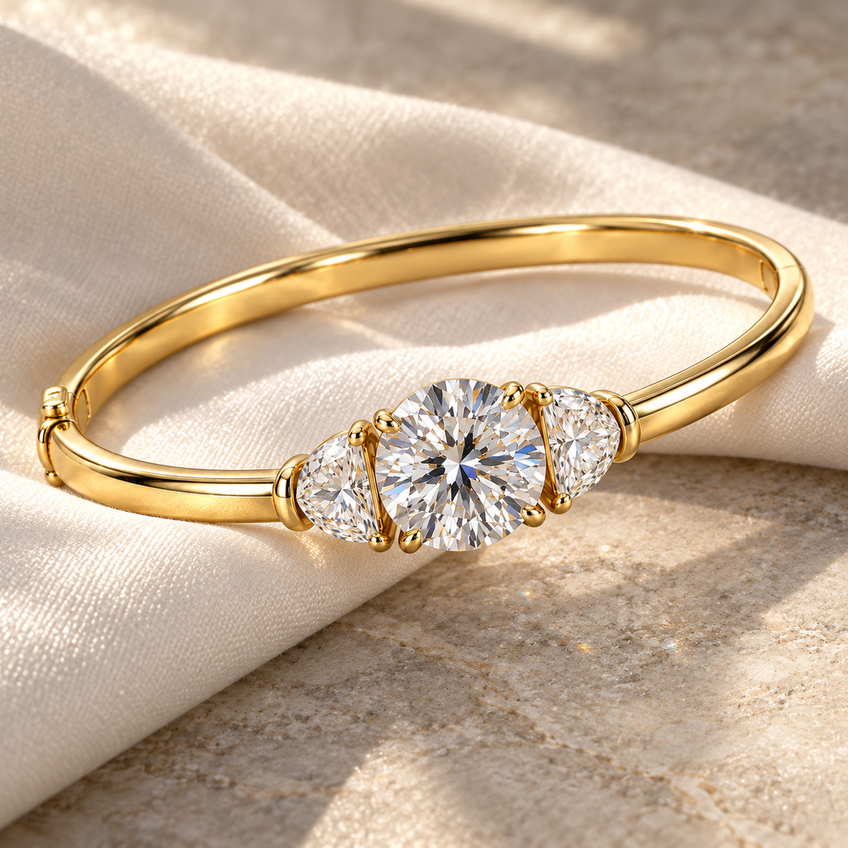 MISSISSI Round Half-Moon Lab-Grown Diamond Bangle in yellow gold, editorial silk and stone still life; design visualization