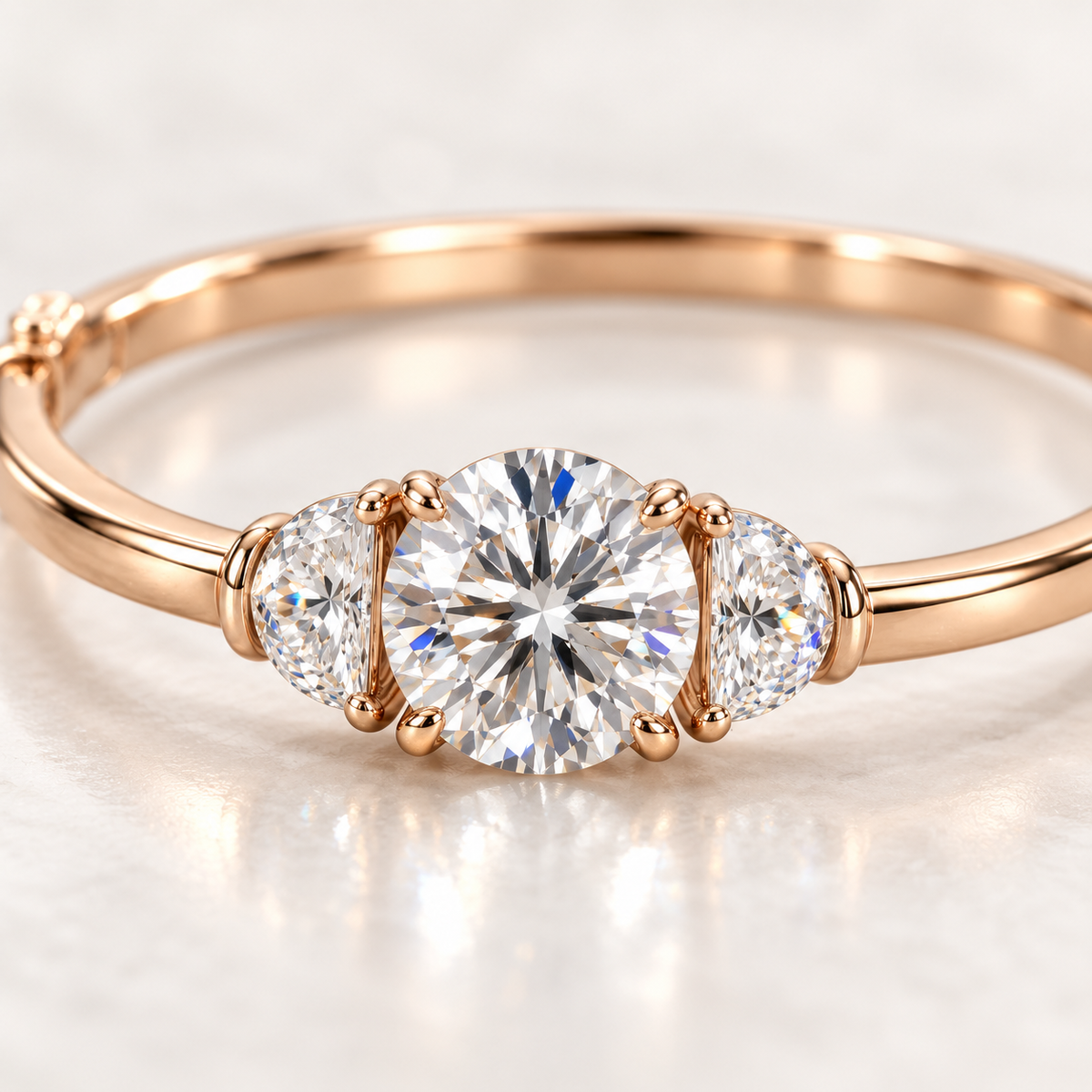 MISSISSI Round Half-Moon Lab-Grown Diamond Bangle in rose gold, diamond macro detail; design visualization