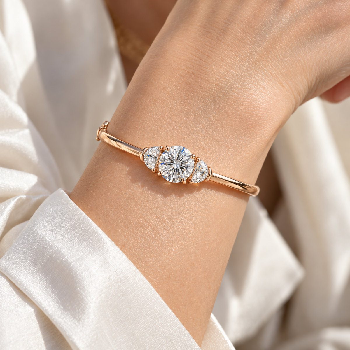 MISSISSI Round Half-Moon Lab-Grown Diamond Bangle in rose gold, illustrative on-wrist view; design visualization