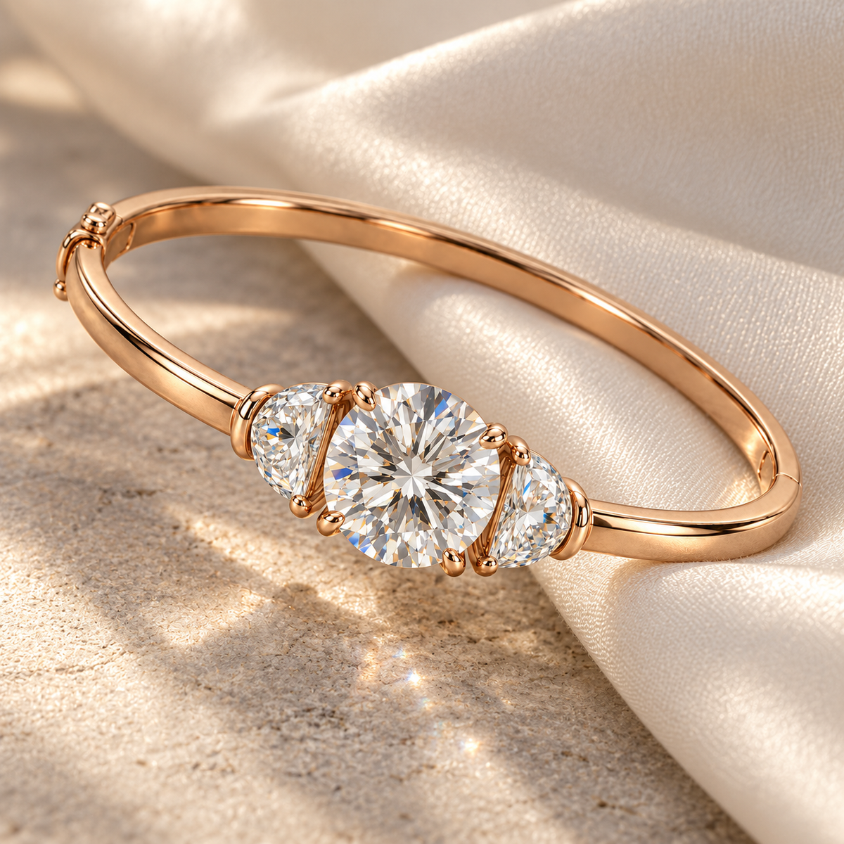 MISSISSI Round Half-Moon Lab-Grown Diamond Bangle in rose gold, editorial silk and stone still life; design visualization