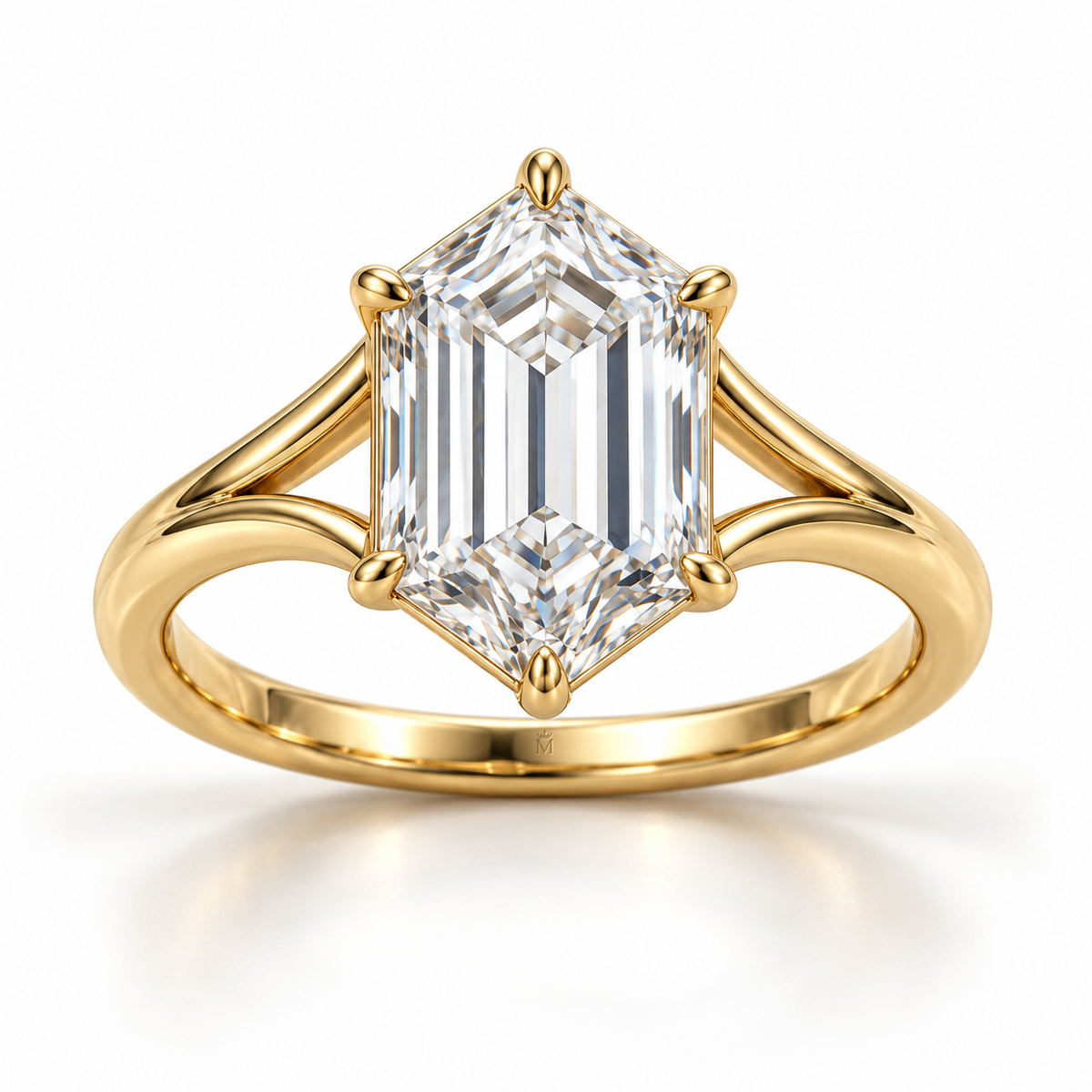 MISSISSI Hexagonal Split-Shoulder Lab-Grown Diamond Ring in yellow gold, front product view on white; design visualization