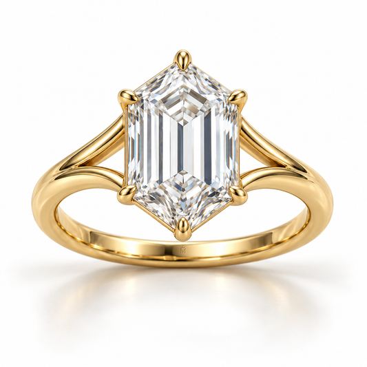 MISSISSI Hexagonal Split-Shoulder Lab-Grown Diamond Ring in yellow gold, front product view on white; design visualization
