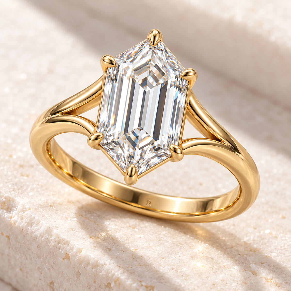 MISSISSI Hexagonal Split-Shoulder Lab-Grown Diamond Ring in yellow gold, elevated angled view; design visualization