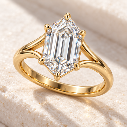 MISSISSI Hexagonal Split-Shoulder Lab-Grown Diamond Ring in yellow gold, elevated angled view; design visualization